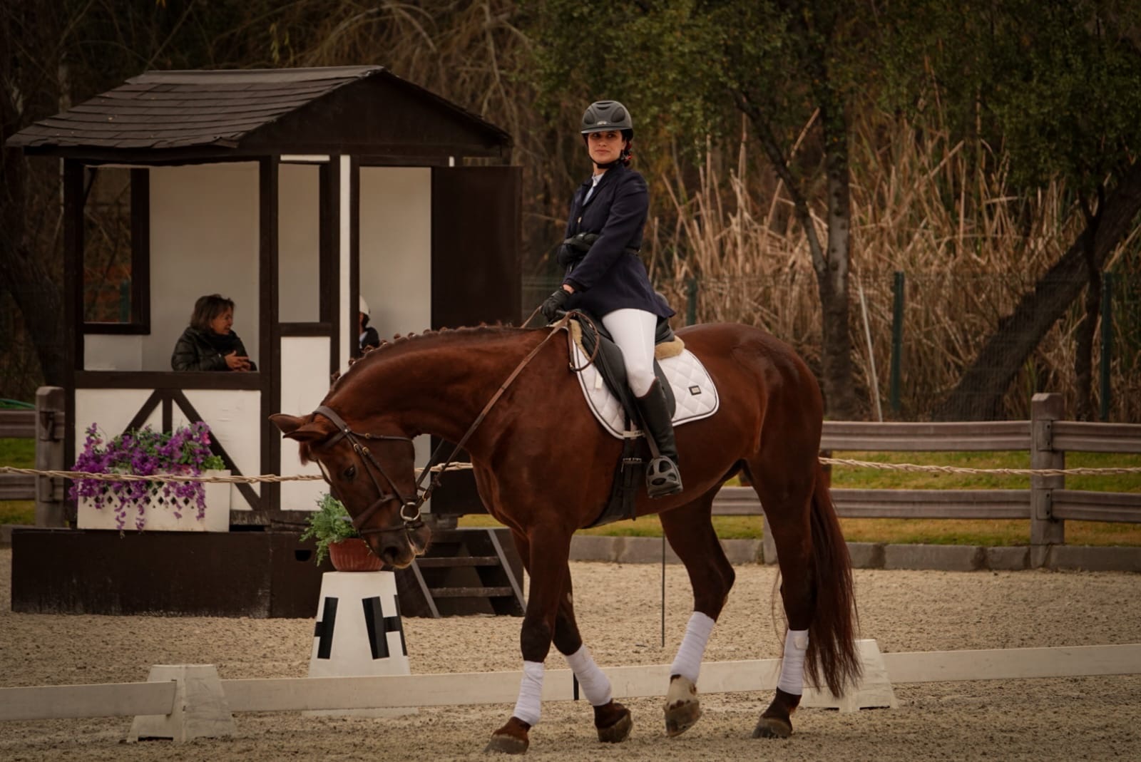 Karina montando a caballo en una pista de dressage